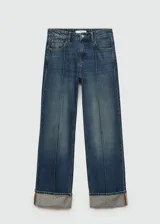 Jeans de algodón de diseño recto con detalle de costura, cierre delantero de cremallera y botón, y cinco bolsillos.