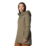 Campera Columbia Joy Peak II Mid para mujer, color verde oliva, con capucha forrada en polar y cierre frontal con cremallera. Cuenta con tecnología termorreflectante Omni-Heat Infinity, repelente al agua Omni-Shield y aislamiento Thermarator de poliéster reciclado. Tiene bolsillos laterales con cremallera y puños con orificios para los pulgares.