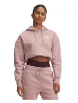 Buzo Under Armour de mujer, estilo hoodie, color rosa claro, corte cropped y logo estampado en el pecho.
