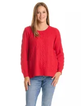 Buzo de tejido con textura de trenzas, color rojo, escote redondo y mangas largas.