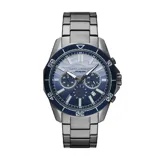 Reloj cronógrafo Armani Exchange modelo Spencer con caja de acero gris de 44mm y brazalete de eslabones de acero gris. Esfera azul degradada con subesferas y ventana de fecha. Bisel giratorio azul con marcadores de minutos.
