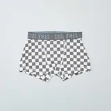 Pack de tres bóxers de algodón con cintura elástica con la inscripción "Cool Vibes". Uno es liso celeste, otro a cuadros grises y blancos, y el tercero a cuadros grises y blancos.