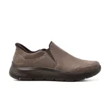 Zapato casual Skechers Hands Free Slip-ins Go Walk Flex Ray color marrón, sin cordones, con capellada de cuero vegano, plantilla acolchada Skechers Air-Cooled Memory Foam y suela de tracción flexible.