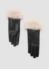 Guantes negros de cuero sintético con puños de piel sintética color crema.