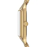 Reloj Fossil modelo Raquel con caja rectangular dorada de 23mm y esfera negra con números romanos. La pulsera es de acero inoxidable dorado con eslabones.