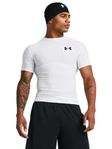 Remera de compresión blanca Under Armour HeatGear de manga corta con logo negro en el pecho y en la banda para el pelo.