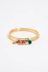 Set de cuatro pulseras doradas con dijes colgantes: abeja, mariposa, mariquita y piedra verde.