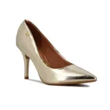 Zapato de tacón alto Vizzano, color dorado metalizado, con punta fina y detalle de logo en el lateral.