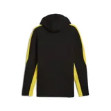 Campera deportiva con capucha Puma CAP, color negro con detalles en amarillo. Presenta cierre frontal, bolsillos laterales y logo de Puma bordado en el pecho.