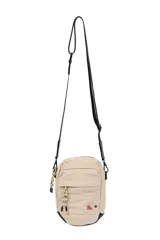 Bandolera porta celular negra de poliéster con múltiples cierres y correa ajustable.