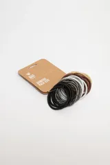 Pack de 12 gomitas finas para el pelo con lurex en colores surtidos: negro, plateado, dorado y marrón.
