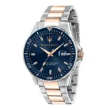 Reloj Maserati Sfida con caja de acero inoxidable combinada en plateado y dorado rosa de 44mm, esfera azul sunray, cristal mineral y movimiento de cuarzo. Resistente al agua hasta 100 metros.