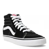 Championes de caña alta Vans Sk8-Hi, color negro con la clásica banda lateral blanca, cordones blancos y suela de goma blanca con detalle de línea negra.