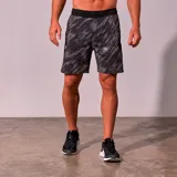 Short deportivo negro con estampado abstracto en gris y cintura elástica.