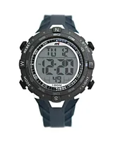 Reloj digital Mistral deportivo con correa de silicona azul y caja redonda negra con detalles en blanco.