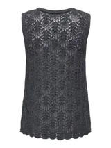 Chaleco de punto calado color gris oscuro, con escote en V y cierre frontal con lazos. Diseño estructurado y calce ajustado.