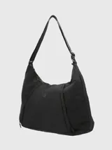 Bolso negro de poliéster con compartimento para mat de yoga y bolsillos con cierre en el exterior.