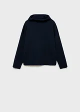 Sweater de punto color azul marino con cuello asimétrico envolvente, manga larga y diseño recto.