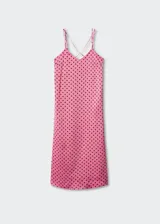 Vestido midi de satén rosado con estampado de lunares marrones, tirantes finos cruzados en la espalda y espalda descubierta.