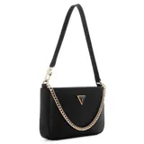 Cartera de hombro Guess Noelle color negro con correa fina y cadena dorada decorativa.