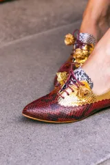 Zapato blucher de cuero con estampado animal print en tonos marrones y dorados, con cordones finos color borgoña y detalle de flor en el extremo del cordón.