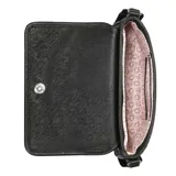 Bandolera Guess modelo Viviette, color negro, confeccionada en PVC con correa de tela ajustable. Presenta logo triangular metálico en el frente y cierre con solapa imantada.