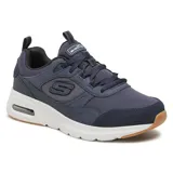 Championes Skechers Skech-Air Court Homegrown, color azul marino con detalles en blanco y suela marrón. Capellada de malla y superposiciones de cuero sintético. Plantilla Skechers Air-Cooled Memory Foam y media suela Skech-Air visible.