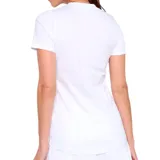 Remera blanca de algodón con logo de Fila estampado en negro, amarillo y naranja.