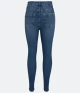Pantalón skinny de jeans azul oscuro con cintura alta, trabillas, bolsillos y rotos en las rodillas.