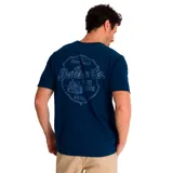 Remera azul marino de algodón de manga corta con cuello redondo y logo de Caterpillar estampado en el pecho.