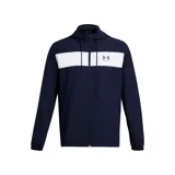 Chaqueta cortaviento para hombre, color azul marino, con diseño de paneles en blanco y logotipo UA.