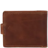 Billetera de cuero marrón con costuras a la vista, múltiples ranuras para tarjetas, ventana para identificación y tecnología RFID para protección contra el robo de datos.