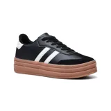 Championes blancos con plataforma marrón y detalles en negro. Presentan dos tiras negras en el lateral y refuerzo negro en el talón.