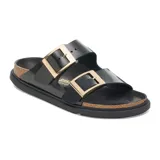 Sandalias Birkenstock Arizona Droplet Buckle, color negro con hebillas doradas.