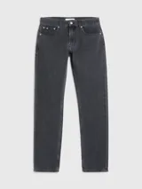 Pantalón de jean gris oscuro de corte recto, con tiro medio, cinco bolsillos y cierre con cremallera.