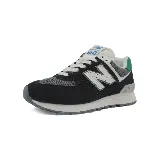 Zapatillas New Balance 574, color negro con detalles en gris, blanco y verde. Confeccionadas en gamuza y malla, con logo "N" característico en los laterales y entresuela ENCAP.