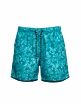 Short de baño turquesa con estampado de hojas, cintura elástica y cordón ajustable.
