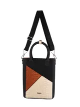 Bolso matero negro con paneles en simil cuero texturizado color marrón y beige. Tiene doble asa de mano y correa de algodón ajustable con el logo de la marca.