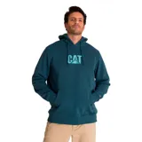 Buzo canguro verde oliva con capucha ajustable y cordones, bolsillo frontal y logo CAT estampado en blanco en el pecho.