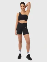 Top deportivo negro de un hombro con tirantes elásticos en la espalda y almohadillas removibles.