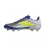 Championes de fútbol Adidas F50 League FG/MG Messi, plateados con detalles en azul y amarillo.