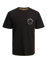 Camiseta negra de manga corta y cuello redondo con estampado circular en el frente con el logo de la marca Jack & Jones.