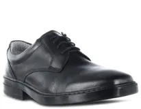 Zapato de cuero negro con cordones, de estilo clásico y suela plana.