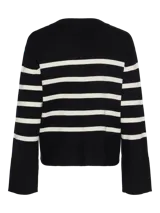 Cárdigan de punto plano negro con rayas horizontales blancas, cuello en V, mangas largas amplias y puños acanalados.