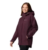 Campera larga impermeable y transpirable Columbia Hikebound II Long para mujer, color borgoña. Cuenta con tecnología Omni-Tech™ con costuras selladas, capucha ajustable, cierre frontal con solapa, cintura ajustable con cordón, puños ajustables, bolsillo oculto en el pecho y bolsillos con cremallera para las manos.