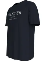 Remera azul marino de algodón con cuello redondo y logo de Tommy Hilfiger estampado en blanco en el pecho.