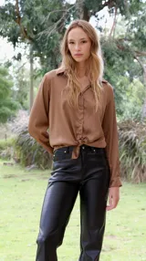 Pantalón de cuerina color negro, corte recto y tiro alto.