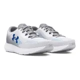 Zapatillas de running Under Armour Charged Rogue 4 para mujer, color blanco con detalles en gris y azul.