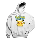 Canguro blanco con capucha y cordones, con estampado de Pikachu y el logo de Pokémon.