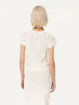 Top tejido en hilado frío color blanco, con puntos calados que generan textura. De manga corta y calce al cuerpo.